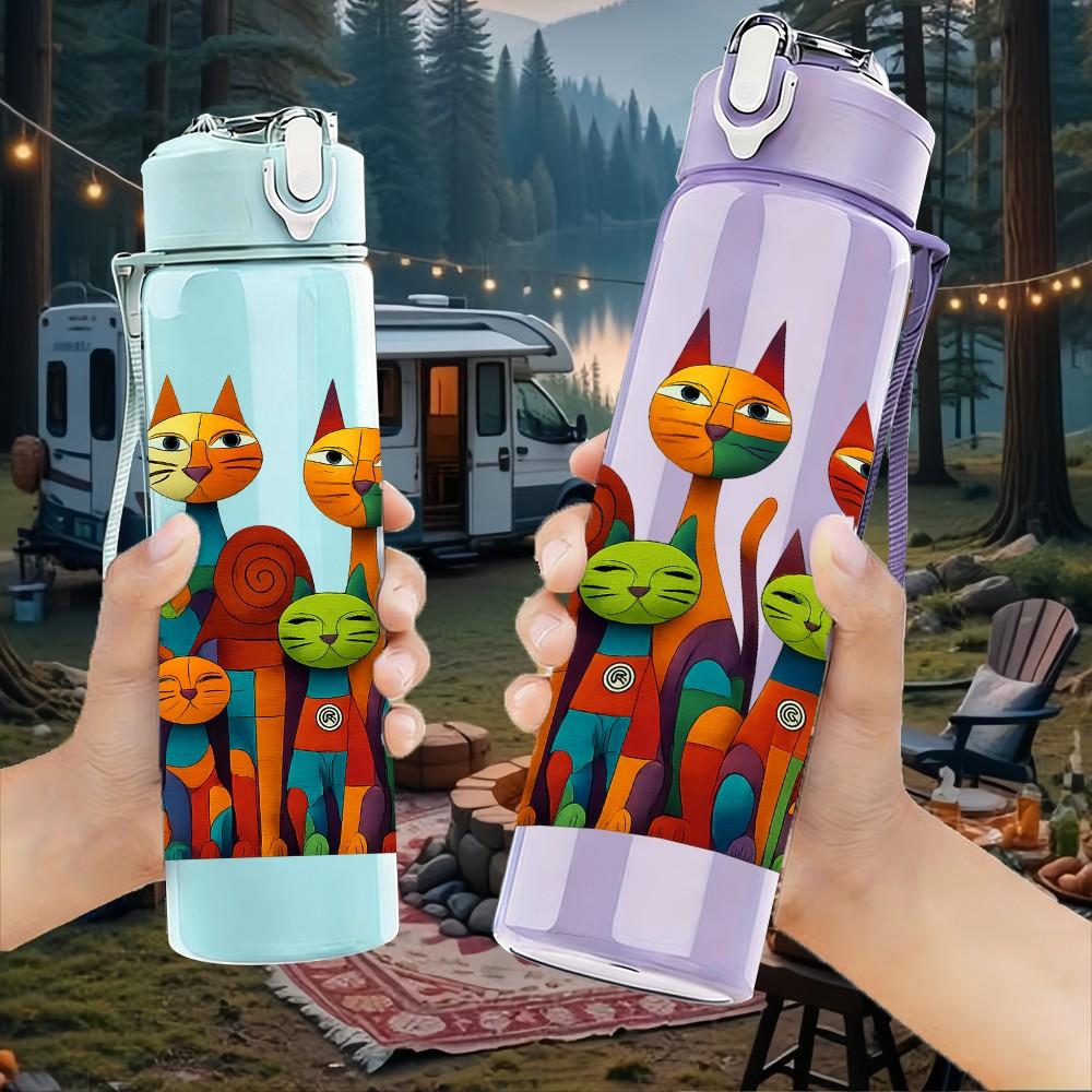 1PC Colorful Stacked Cat Pattern 750ml Color Plastic Sports Water Bottle Leakproof Flip Straw Lid Suitable for Sports Office Home Use