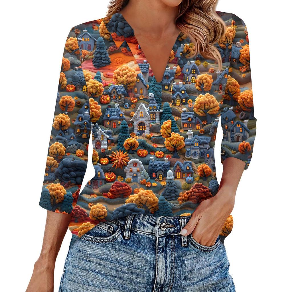Women's Fashion Casual Lapel 3/4 Sleeve Halloween Print Shirt Women's V-Neck Tops