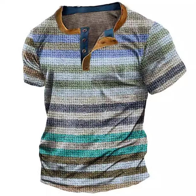 Simple Plaid 3D Printed Stand-Up Collar Men'S Casual Short-Sleeved T-Shirt