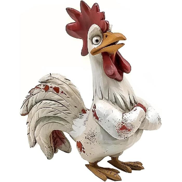 Bicuzat Funny White Rooster Statue, Resin Table Art Sculpture Funny Rooster Figurine Decoration, Rustic Country Tabletop Decoration, Farm Animal