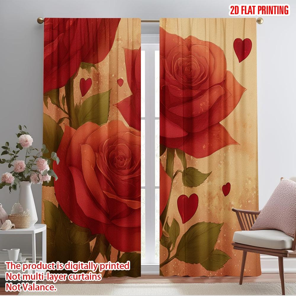 

2pcs,2D plane printing Curtain Fabric Vibrant Red Roses Design Versatile Polyester Fabric (without rod) Decorations Outdoor 52.50×116.00 CM 2pcs