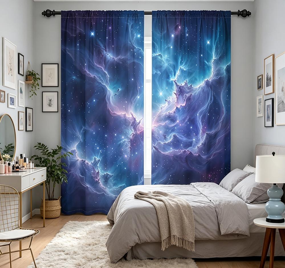 2 Stück digital bedruckte Vorhänge, Galaxie Sternenhimmel Kosmischer Himmlischer, Moderner Wohnkulturstil für Wohnzimmer Schlafzimmer Dekoration