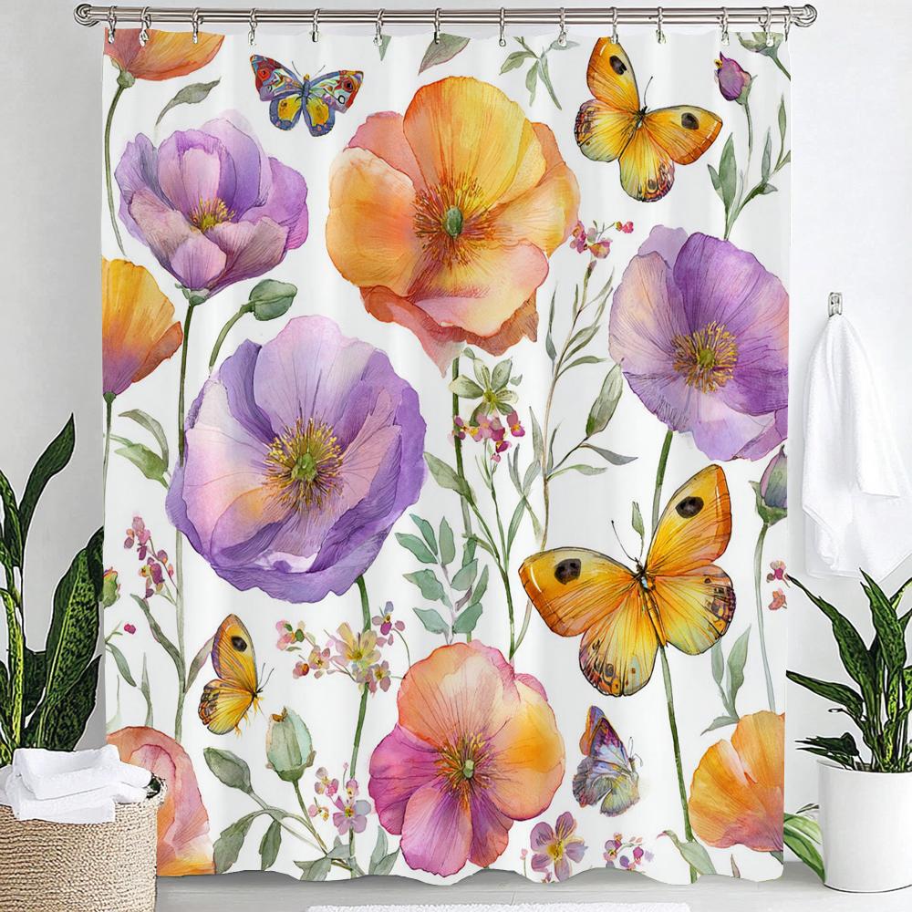 Colorful Flowers Shower Curtain for Bathroom Spring Floral Romantic Wildflower Plants Nature Scenery Decor Curtain with Hooks