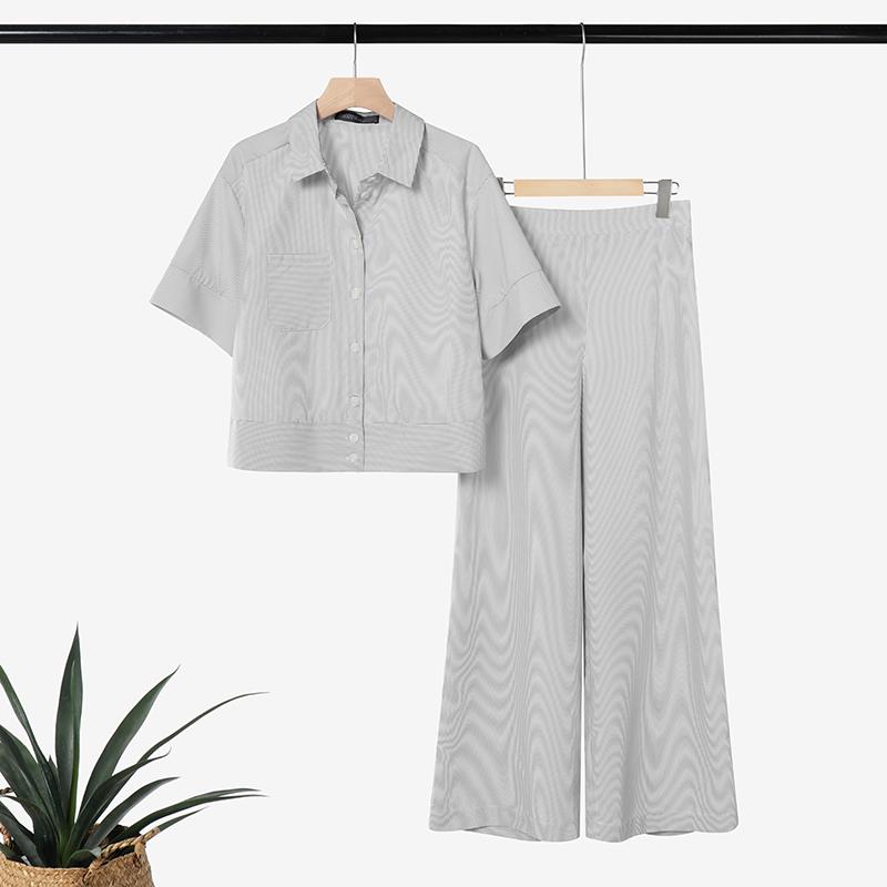 

ZANZEA Women Short Sleeve Blouse and Pants Casual Stripe Print Two Piece Suit Sets S серый