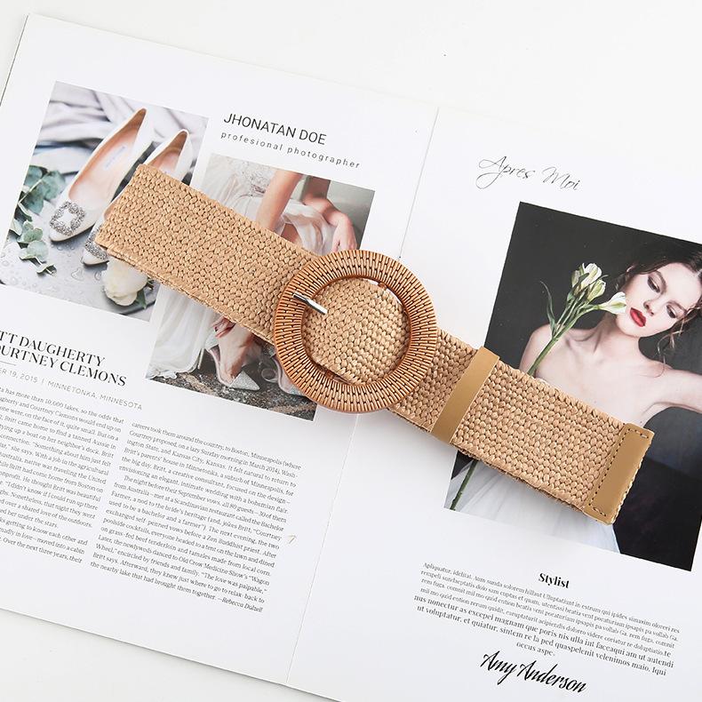 Cinturones Trenzados Redondos con Hebilla Estilo Boho Caqui Elásticos Anchos Cinturilla Casual para Vestidos Para Mujeres Uso Diario