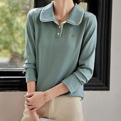 Age-reducing Polo Shirt In Autumn New Small-sized Design Contrasting Color Edging Women's Long-sleeved T-shirt