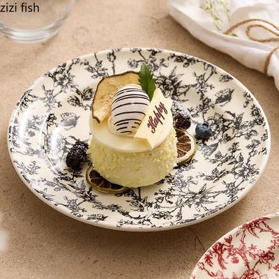 Vintage Floral Pattern Ceramic Shallow Plate Round Dessert Dish Steak Dish Salad Dish Barbecue Plate Hotel Creative Tableware