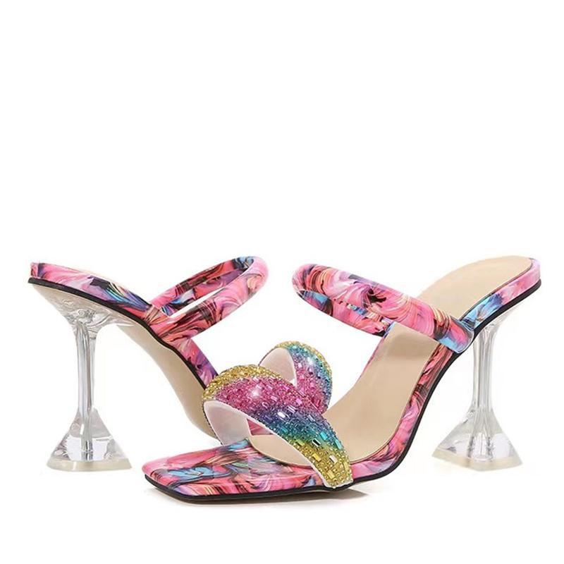 

Liyke Fashion Color Rhinestone Ladies Party Dress Slippers Summer Strange Clear Heels Sandals Square Toe Shoes For Women Size 46