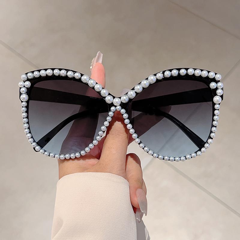 Chic Pearl Shiny Trends Shades Women Fashion Cat Eye Gradient Sunglasses Oversize Decor Outdoor Pink Sun Glasses