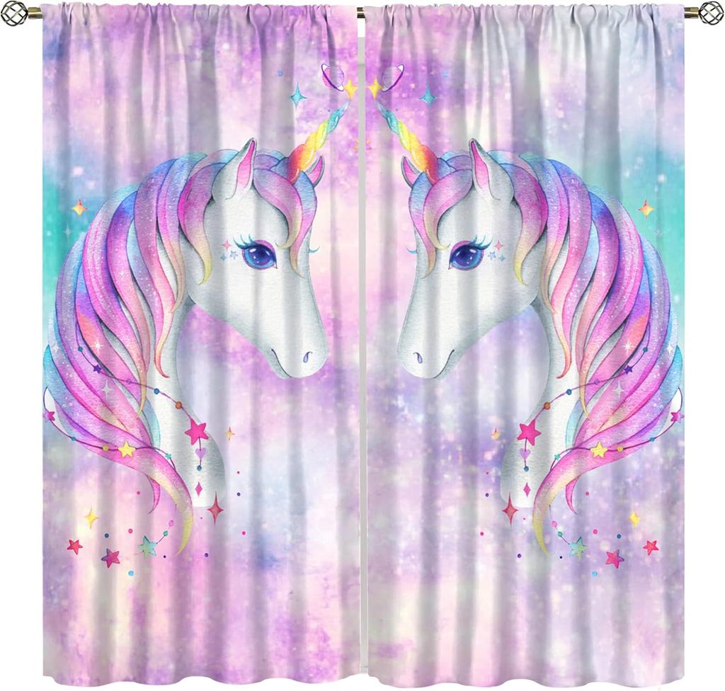 Rainbow Unicorn Bedroom Curtains Purple Pink Dream Universe Starry Sky Kids Living Room Window Treatments Made Of Polyester Treatment