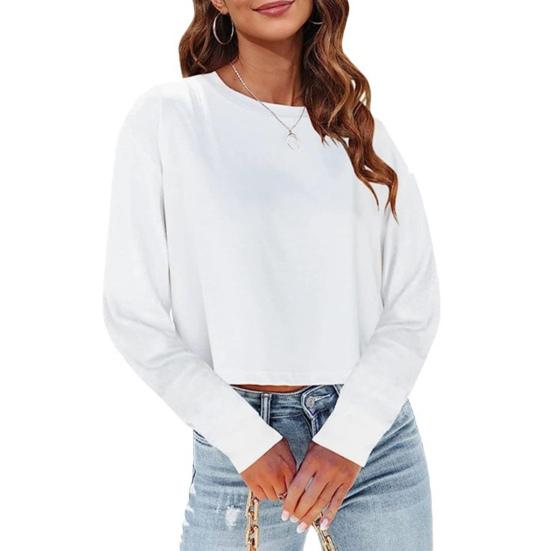 Women Tops Round Neck Long Sleeve Loose Fit Cropped Tops Solid Color Leisure Pullover Tops Daily Wear