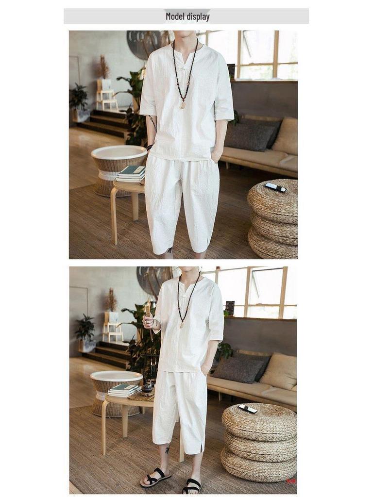 Men's Chinese Linen Pajama Set: Short Sleeve Hanfu Top with Frog Buttons and Cotton Linen Capri Pants In Trendy Loose Fit