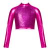Kids Girls High Neck Glitter Crop Top Metallic Long Sleeve T-Shirt Ballet Dance Leotard Gymnastics Performance