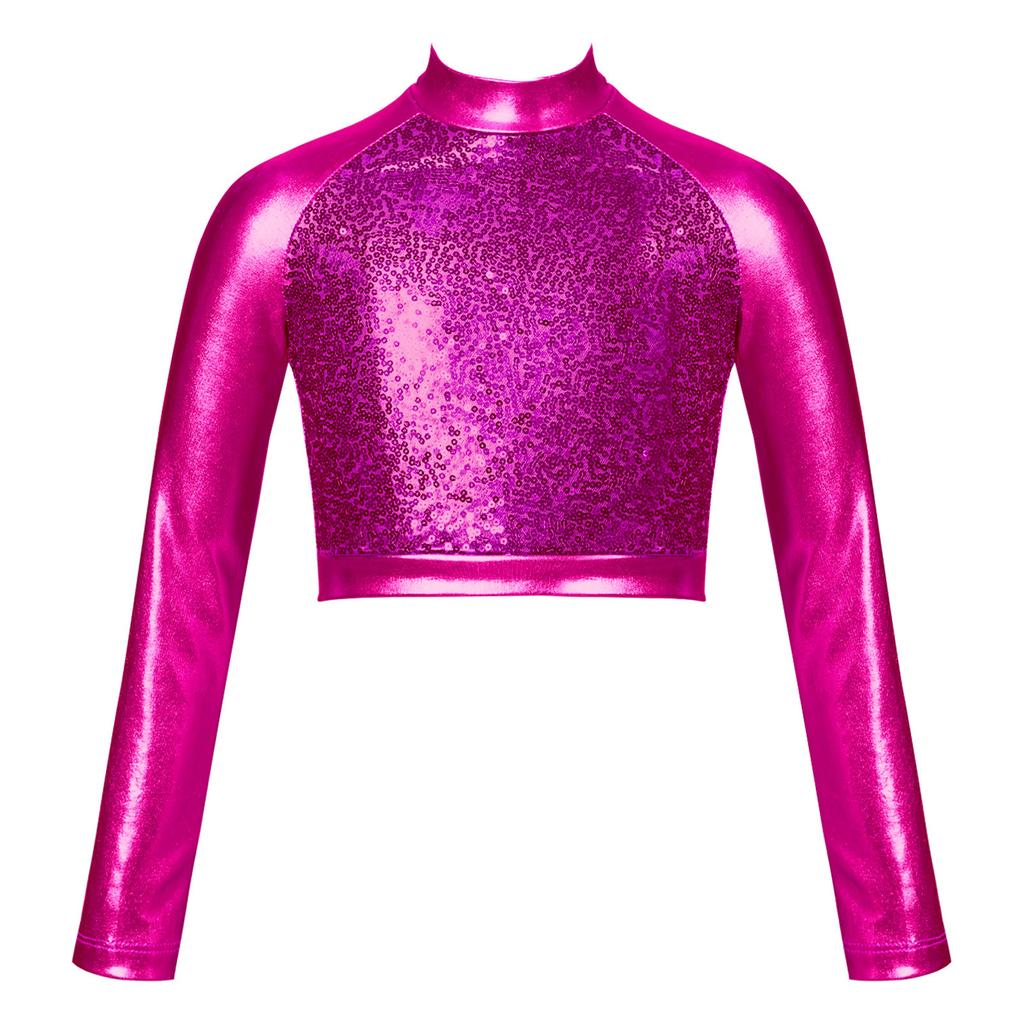 Kids Girls High Neck Glitter Crop Top Metallic Long Sleeve T-Shirt Ballet Dance Leotard Gymnastics Performance