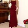 Women's Burgundy Glitter Spaghetti Strap Mermaid Dress, Backless Lace-Up Formal Evening Gown, Elegant Floor-Length Party Maxi Dress