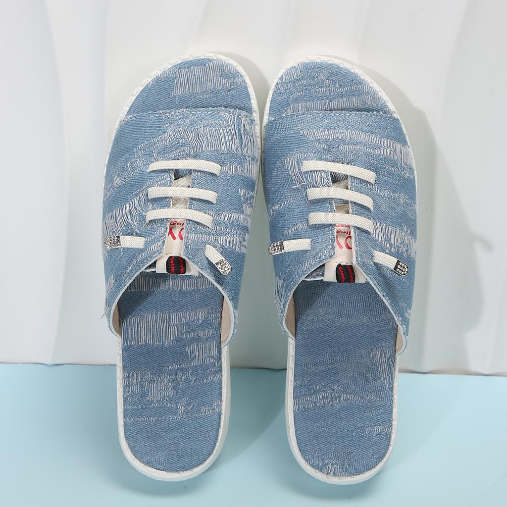 2024 Summer New Large Size Denim Lace Up Slippers Women's Round Head Flat Bottom Canvas Lightweight Fashion Beach Sandals