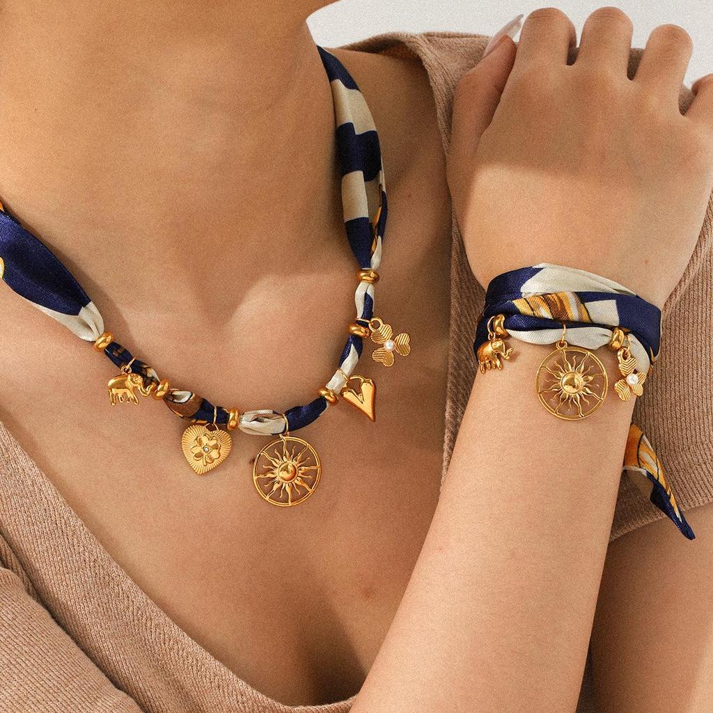 European & American Autumn/Winter Silk Scarf Series: Sun Pendant Stainless Steel Necklace & Light Luxury High-End Bracelet.