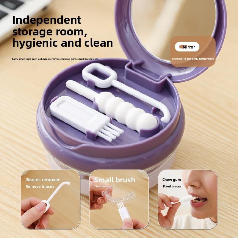 Multifunctional Double-layer Dental Brace Cleaning Storage Box, Portable and Sealed Denture Cleaning Box, Round Elastic Lifting Dental Brace Box