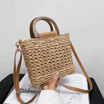 Raffia Tote Kadınlar Yüksek Kaliteli Plaj Çantası Yazlık Çanta Çekme İpli Kapatma Tığ Örgüsü Dokuma Çanta Omuz Çantası