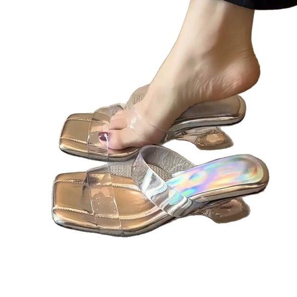 Transparente High Heels 2025 Sommer neu vielseitig bequem sexy Temperament Internet-Berühmtheit Kristall-Slipper Damen Oberbekleidung Slipper