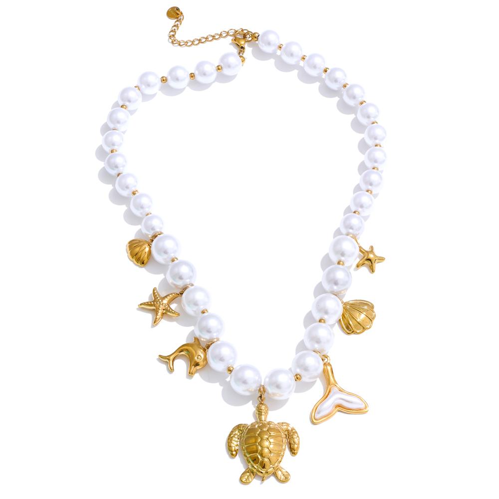 

Eetit Elegance Цепочка из искусственного жемчуга Подвеска в виде черепахового панциря Модное ожерелье Летний океанический стиль Ручная работа Трендовые украшения для женщин золотой