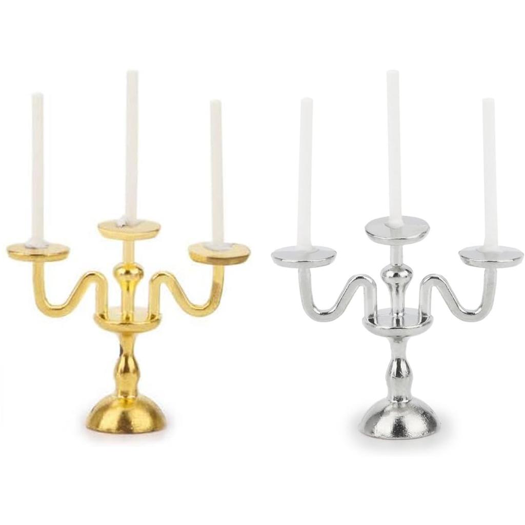 1/2 PCS Vintage 3-Arm Candelabra with Candles – 1:12 Miniature in Gold/Silver for Dollhouse, Fairy Garden & Micro Landscapes