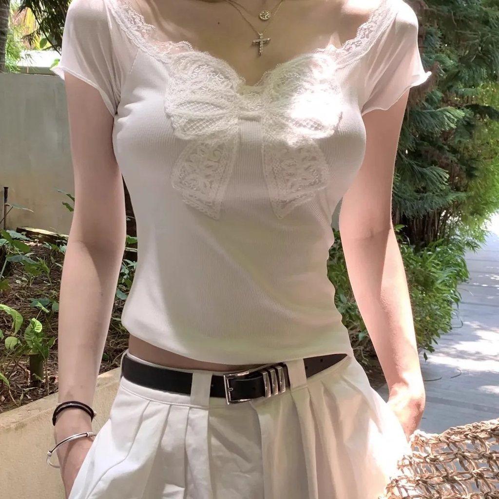 Camiseta con Lazo de Mariposa de Encaje Verano Mujer Blanca Oversize Diseñador Algodón