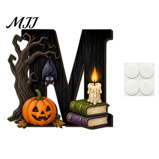 Holiday Home Accents Halloween HOME Letter Wall Hanging Ornament, Wooden Festive Decor with Ghost Skull Party Supplies Pumpkin Black Cat Bat Elements