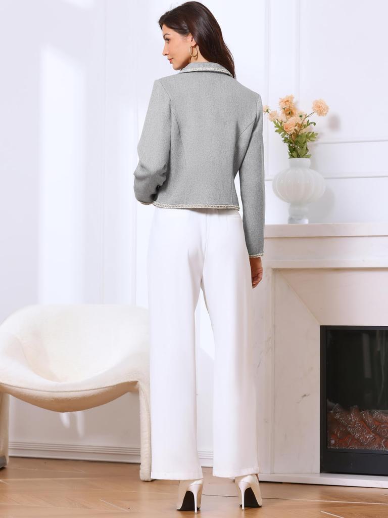 Allegra K Women's Tweed Jacket, Elegant Double-Breasted Long Sleeve Crop Blazer with Collar, Dressy Casual, Gray, Size M