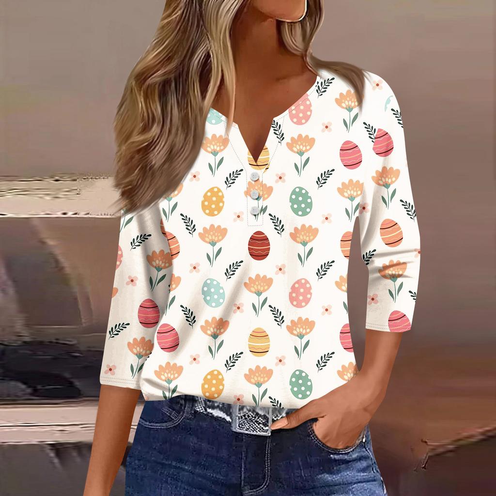 Women's Fashion Casual Seven Minute Sleeve Popover Easter Print Pullover Top