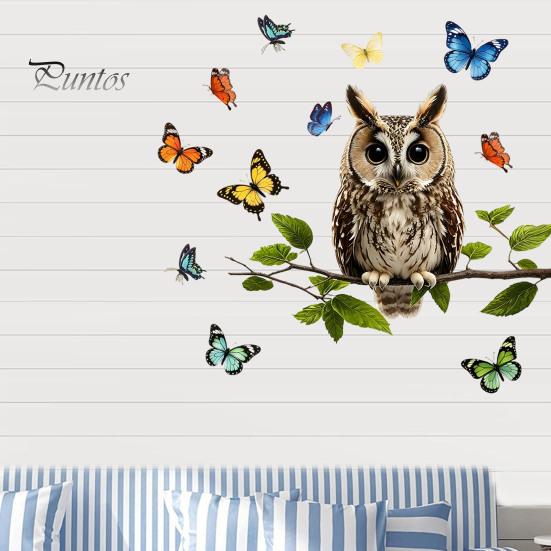 Pastoral Style Wall Mural Owl Butterfly Sticker, Forest Animal Illustration Decorative Decals, Sunproof Outdoor Window Cling Waterproof Removable