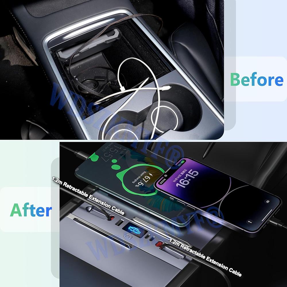 For Tesla Model 3 2025-25 / 2025 Model Y 65W USB Shunt HUB 5 IN 1 Intelligent Docking Station Car Adapter Powered Fast charging