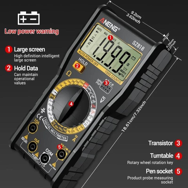 Multifunctional ANENG SZ818 Digital Multimeter High Precision AC/DC Voltage Current 1000V10A NCV Capacitance HFE Tester with Free BT167 Battery Tester