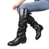 Fashion Shoes For Women 2025 Spring Knee High Boots Black Tall Boots Woman Pleated Low Heel Casual Leather Female Long boots