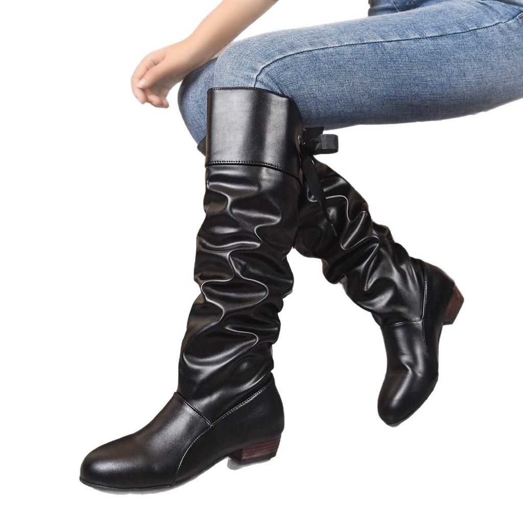 Fashion Shoes For Women 2025 Spring Knee High Boots Black Tall Boots Woman Pleated Low Heel Casual Leather Female Long boots