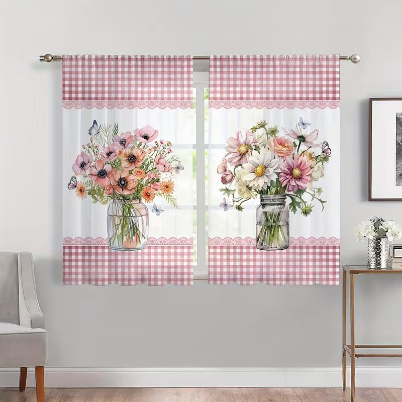 

2 Pcs Flower vase print curtains,suitable for bedroom,living room kitchen decoration,home decoration,window decoration 14Wx39L(35x100CM)x2&Rod Pocket