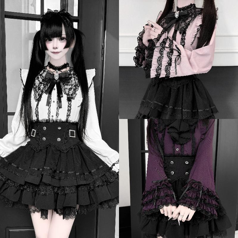 Cute Lace Bow Lolita Shirts Women Japanese Y2K Puff Long Sleeve Slim Fit Blouse Subcultural Matching Clothing