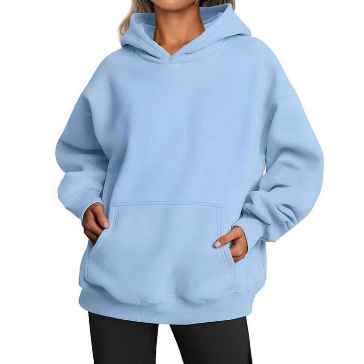 Hooded Sweatshirt Women's Long Sleeve Loose Fit Solid Color Fleece Warm Autumn Winter Style Street Hip Hop Pockets