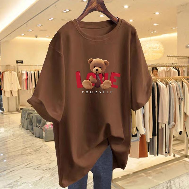 Women's Summer Bear Print Cotton T-Shirt - Korean Style, Loose Fit, Short Sleeve