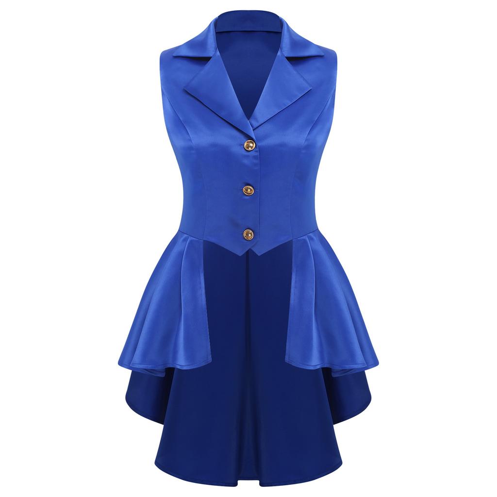 Damski kamizelka w stylu wiktoriańskim z kołnierzykiem wykładanym, bez rękawów, zapinana na guziki z przodu, z asymetrycznym falbankowym dołem, kurtka top