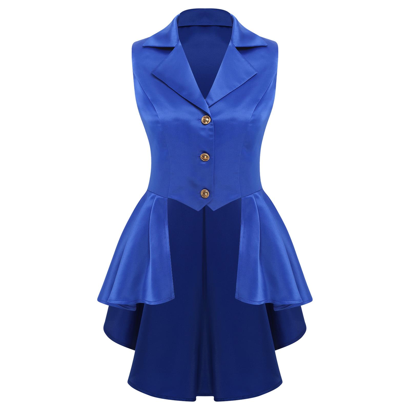 

Womens Victorian Style Waistcoat Turn Down Collar Sleeveless Design Front Buttons Asymmetric Ruffle Hem Jacket Top королівський синій колір