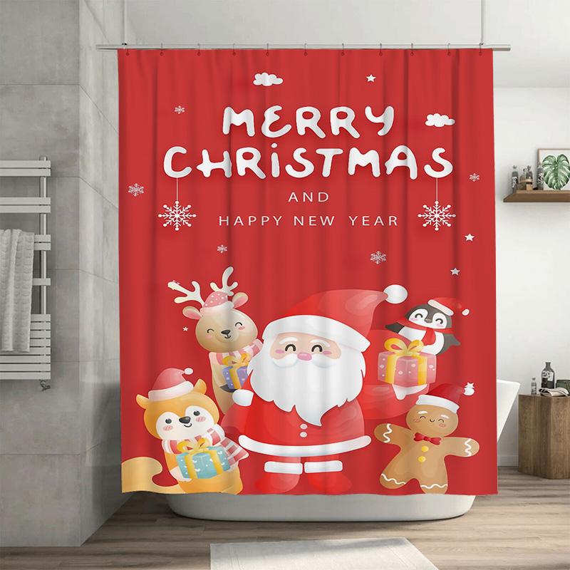 

Tuniu Festive Santa Claus Reindeer Christmas Bathroom Shower Curtain Set Waterproof Cute Holiday Decor W60H190(CM)-1 Pcs