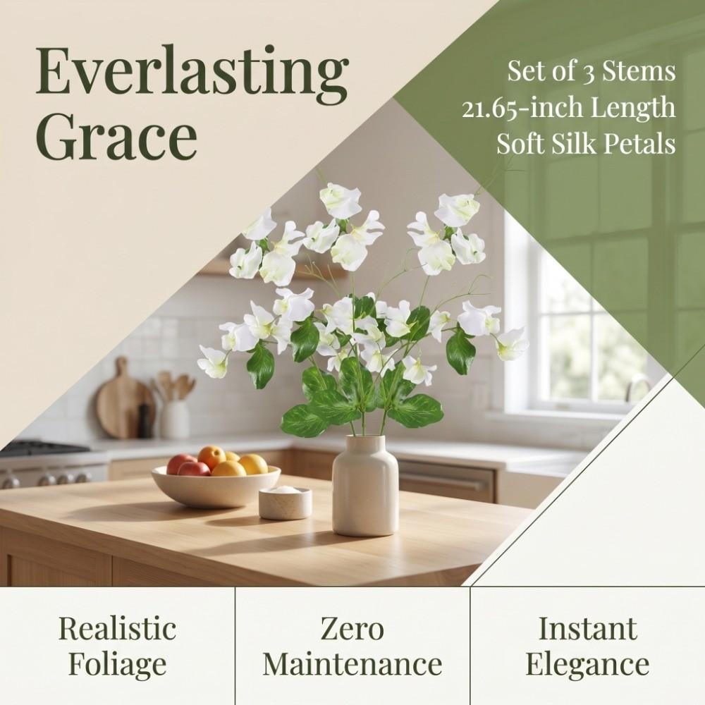 3pcs Silk Cloth, Iron Wire Sweet Pea Artificial Flower Single Stem Faux Flower  Home Vase Decoration