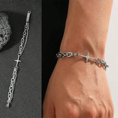 Punk Star Cross Double Layer Link Bracelet | Trendy Alloy Minimalist Silver Tone Star Chain Bracelet for Unisex