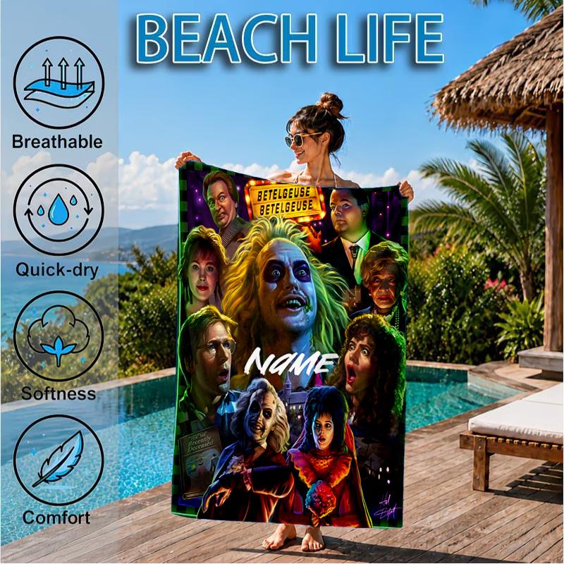 Custom Name Beetlejuice Horror Beach Towel Microfiber Beach Towel, Lightweight and Quick-Dry, for Summer Travel, Swimming Pool Gift