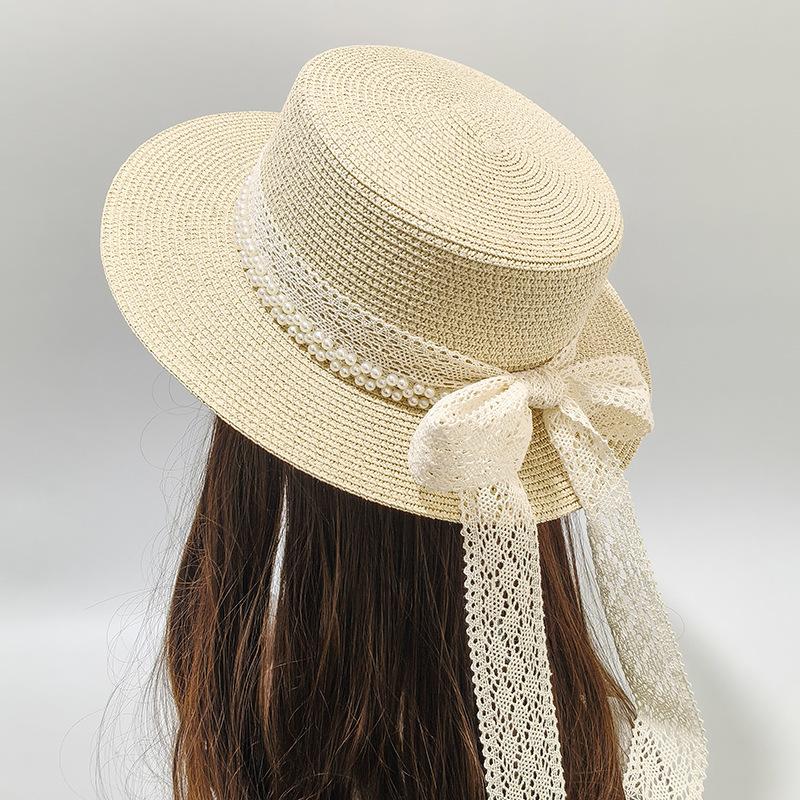 Summer flat top hat lace bow straw hat travel vacation sun hat beach UV protection sun protection hat