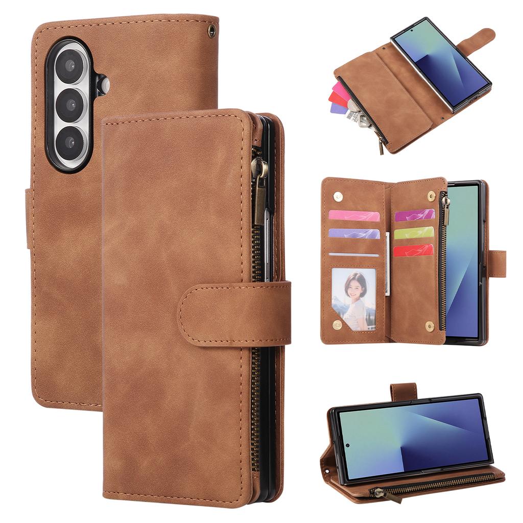 Zipper Magnetic Leather Phone Case For Samsung Galaxy Z Fold 7 6 5 4 3 5G Fold7 Fold6 Multi-card Wallet Kickstand Card Cover