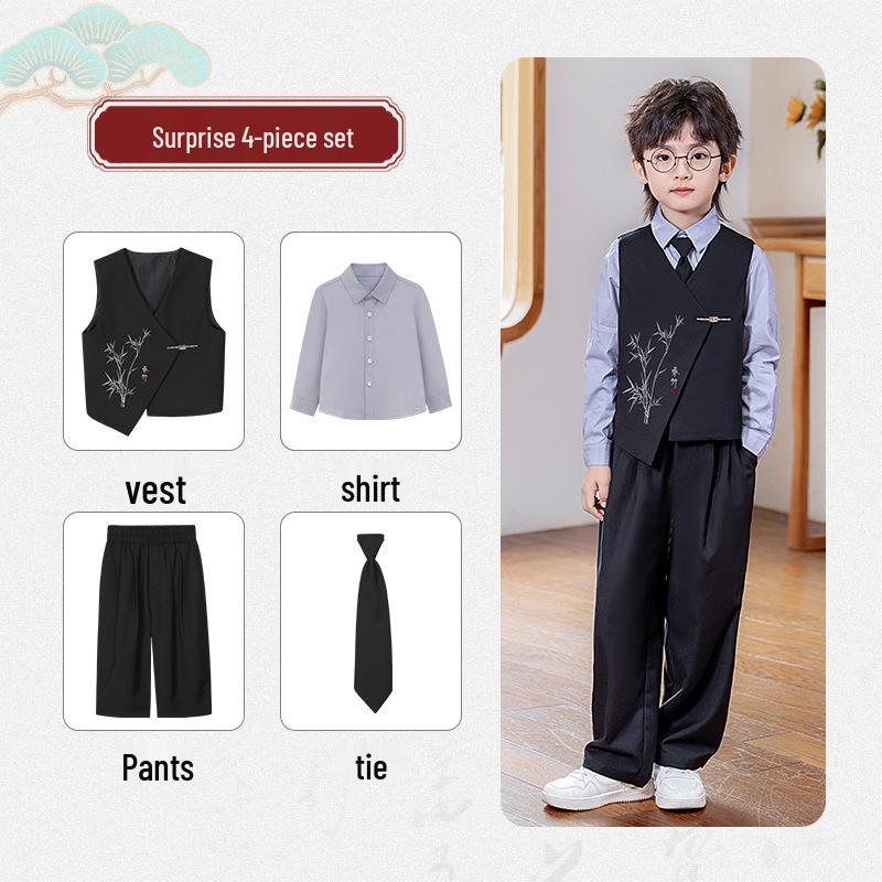 Boys' Chinese-Style Embroidered Velvet Vest and Suit for Autumn/Winter Photography and Performance