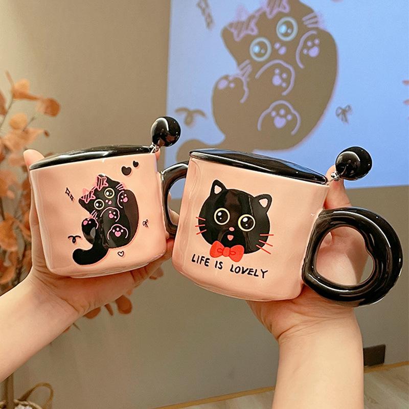 New Birthday Gift for Girls Cute Cat Cup Ceramic Mug with Lid Practical Souvenir Gift Box
