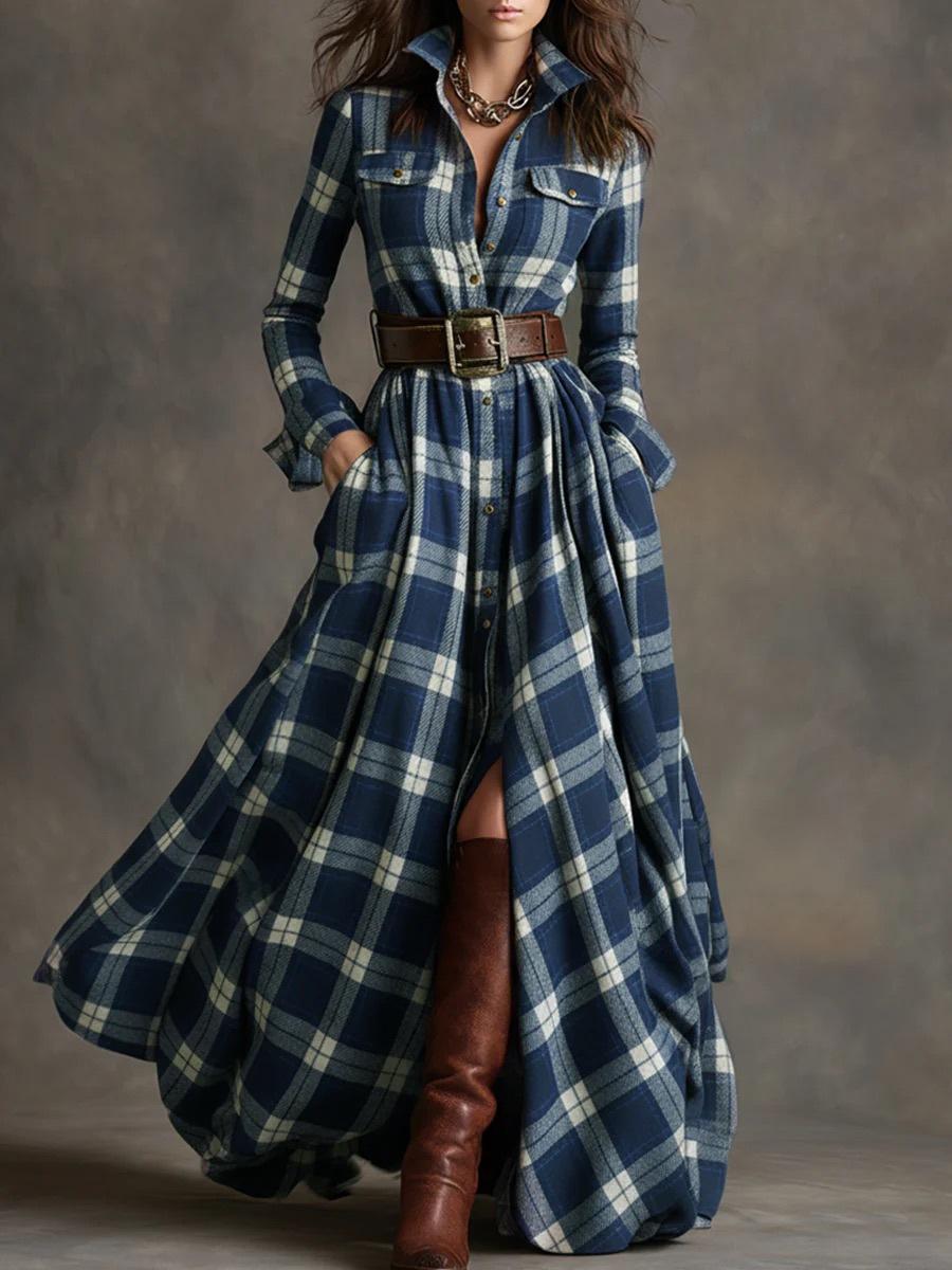 

Free belt! Large size women s clothing French retro plaid thin irregular dress women s new European and American models XXL синій